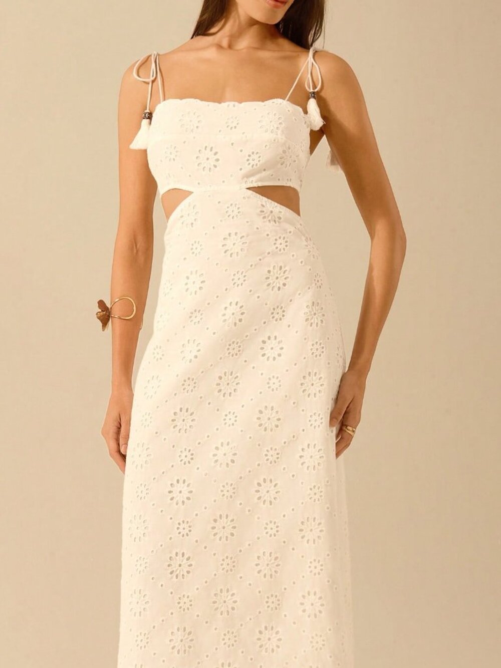 White Boho Women's Eyelet Detail Spaghetti Tie Strap Tassle Midi Dress - Picture 3 of 8